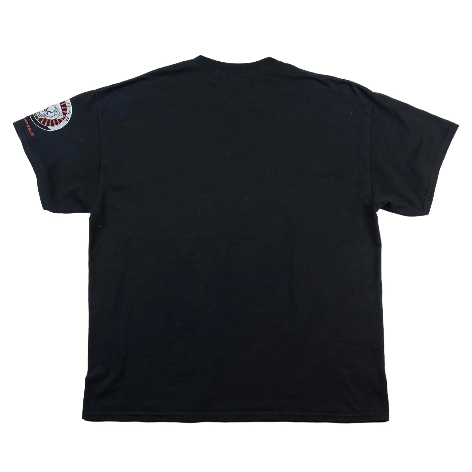 Black t-shirt with a patch on the sleeve against a white background