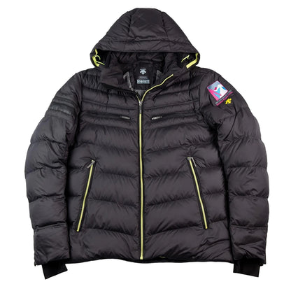 Black puffer jacket with yellow zippers on a white background