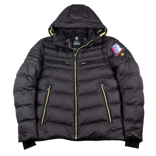 Black puffer jacket with yellow zippers on a white background