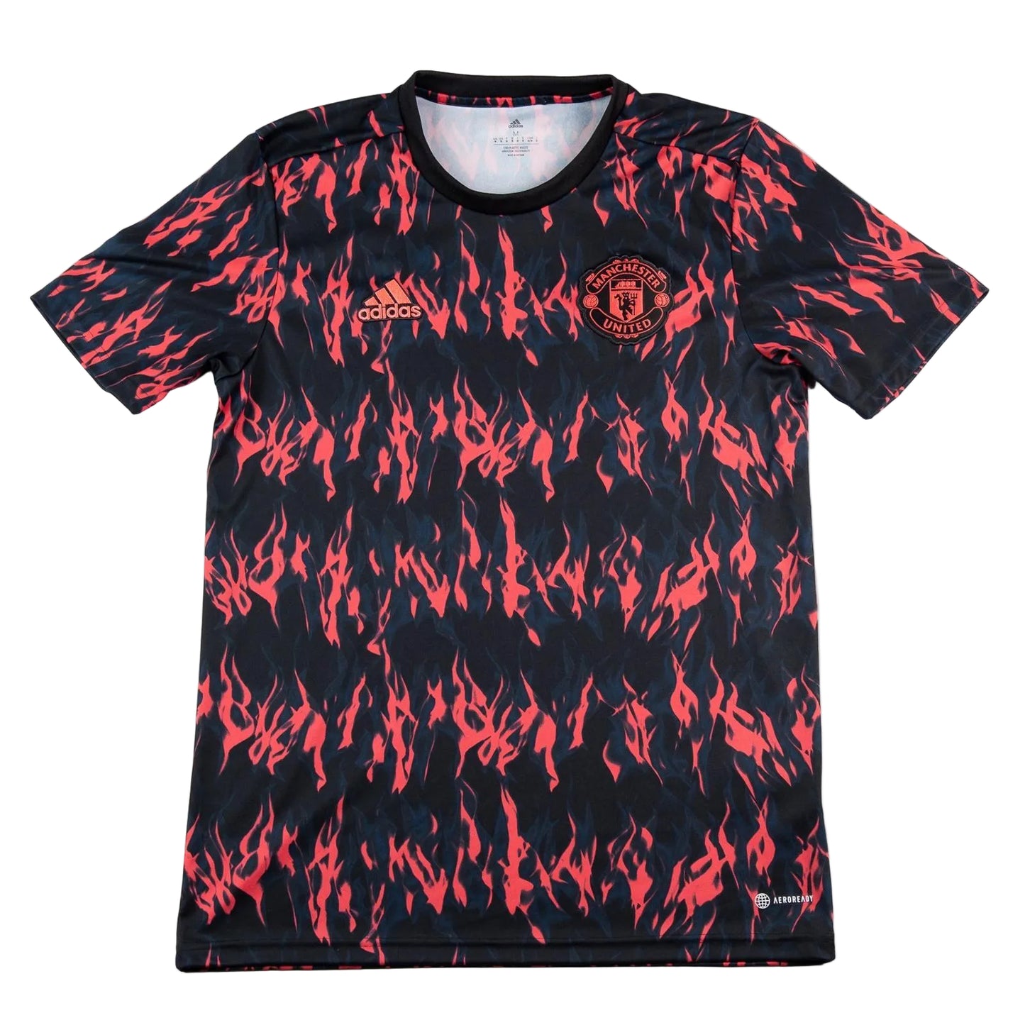 Black sports jersey with red flame pattern and Adidas logo on a white background
