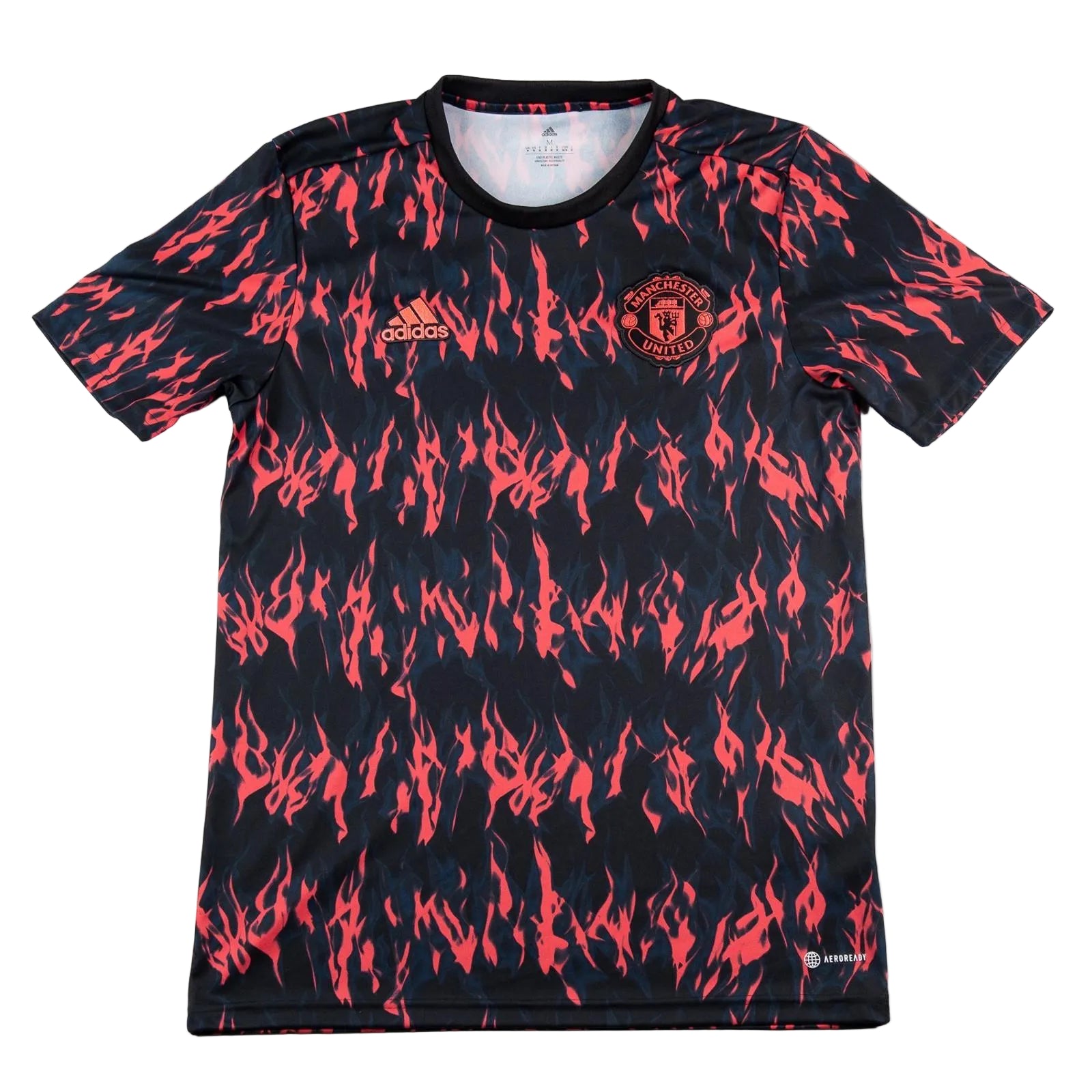 Black sports jersey with red flame pattern and Adidas logo on a white background
