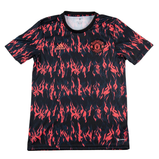 Black sports jersey with red flame pattern and Adidas logo on a white background