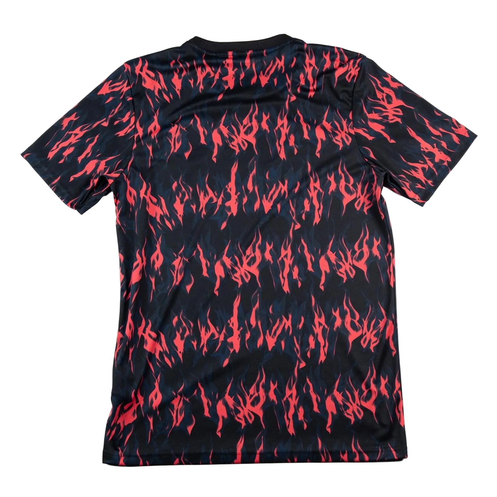 Black t-shirt with red flame pattern on a white background