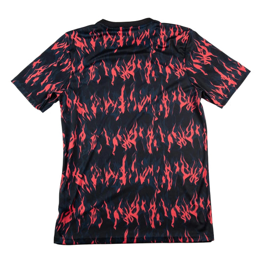 Black t-shirt with red flame pattern on a white background