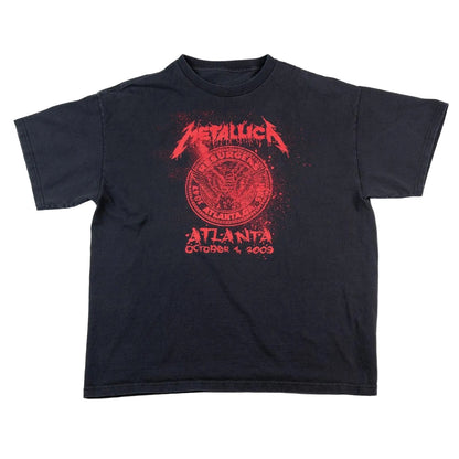 Black t-shirt with red Metallica graphic on a white background