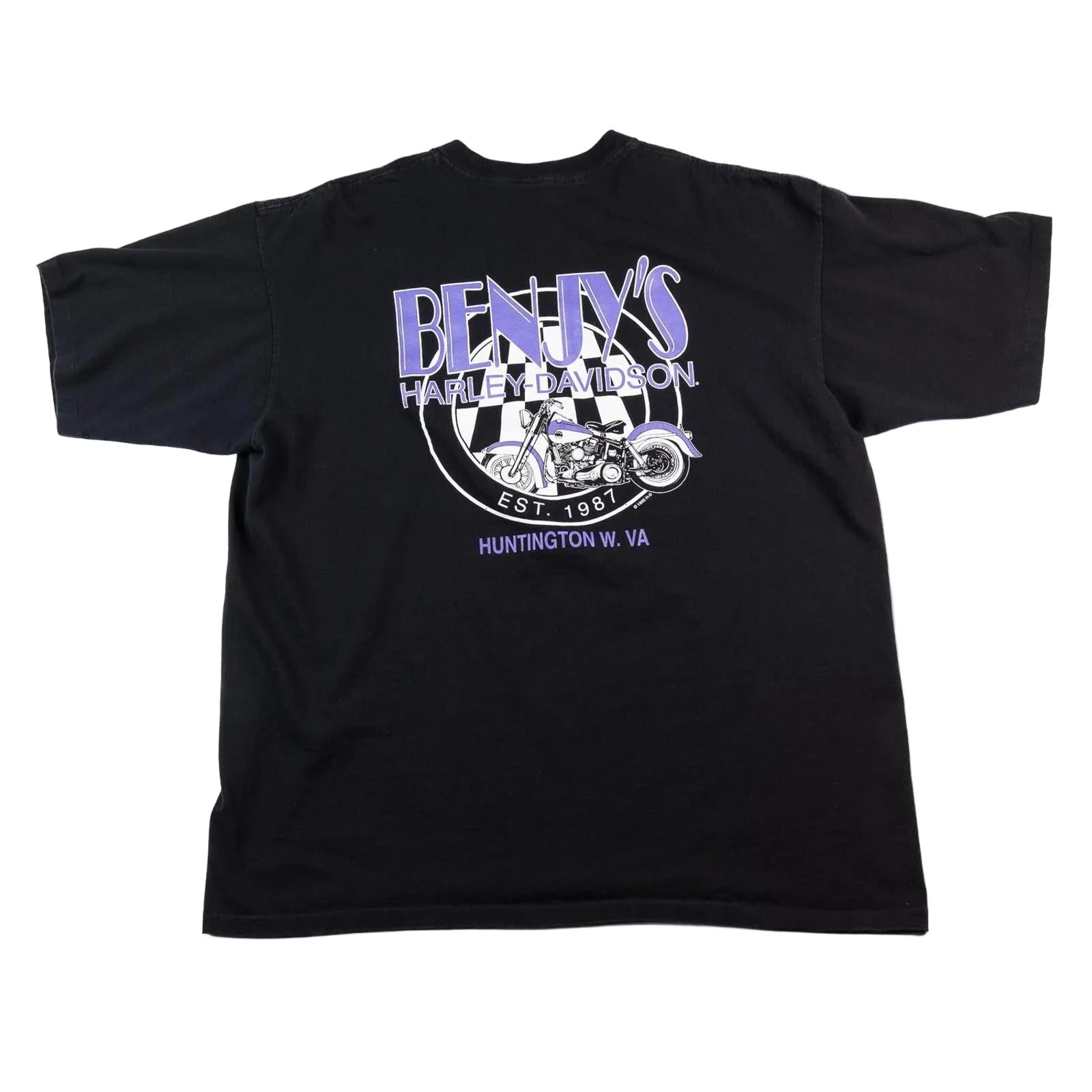 Black t-shirt with purple and white graphic design on a white background