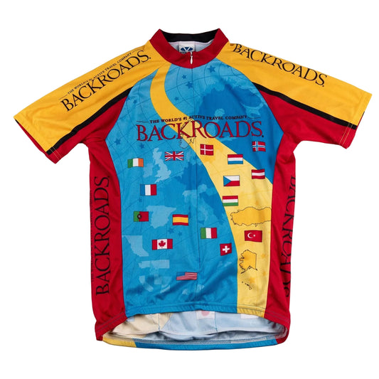 Cycling jersey with 'Backroads' branding and world map design on a white background