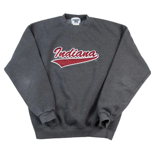 Gray sweatshirt with 'Indiana' printed on it against a white background