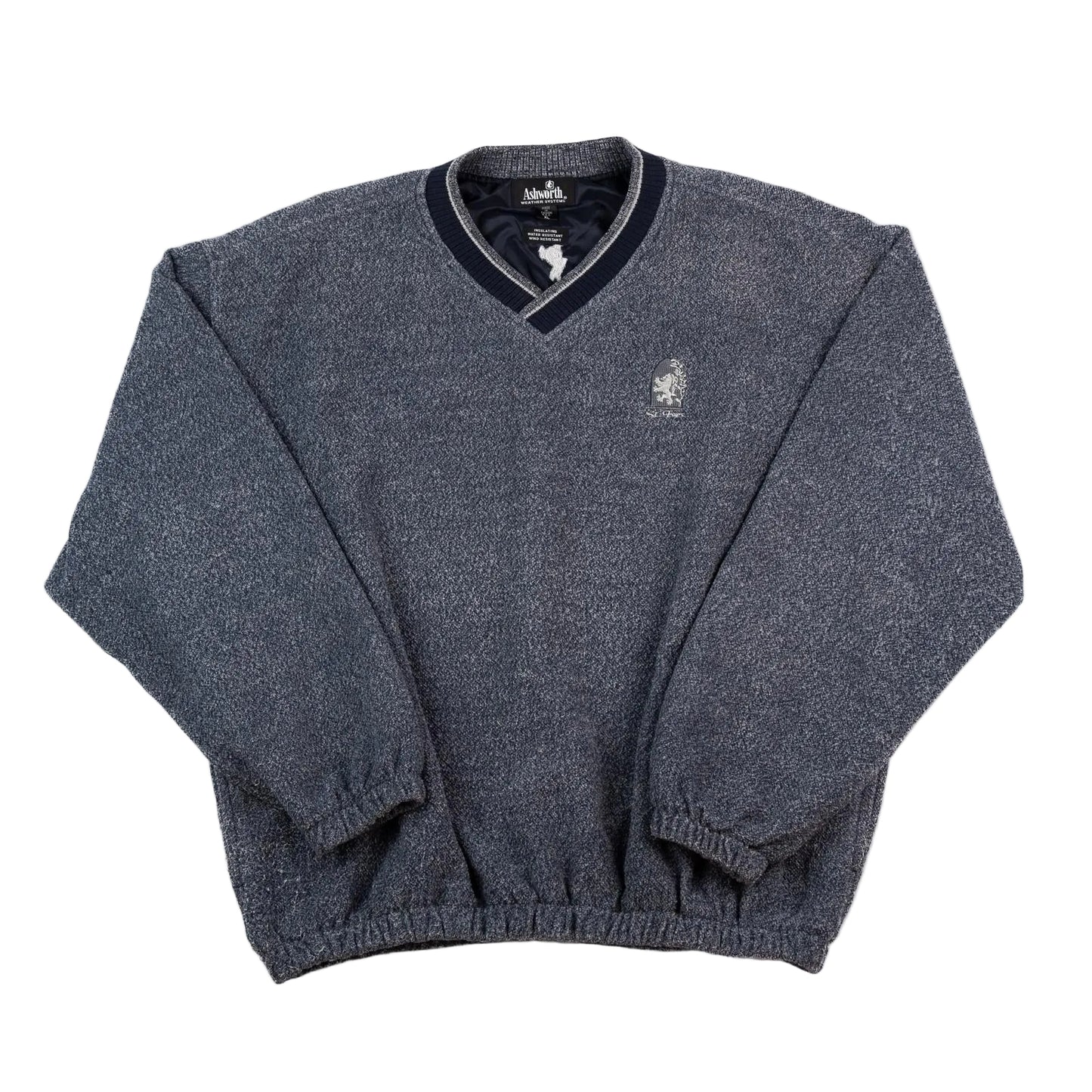 Gray sweater with brand logo on a white background