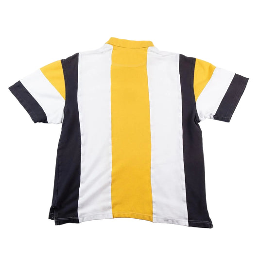 Color-blocked polo shirt with yellow, black, and white stripes on a white background