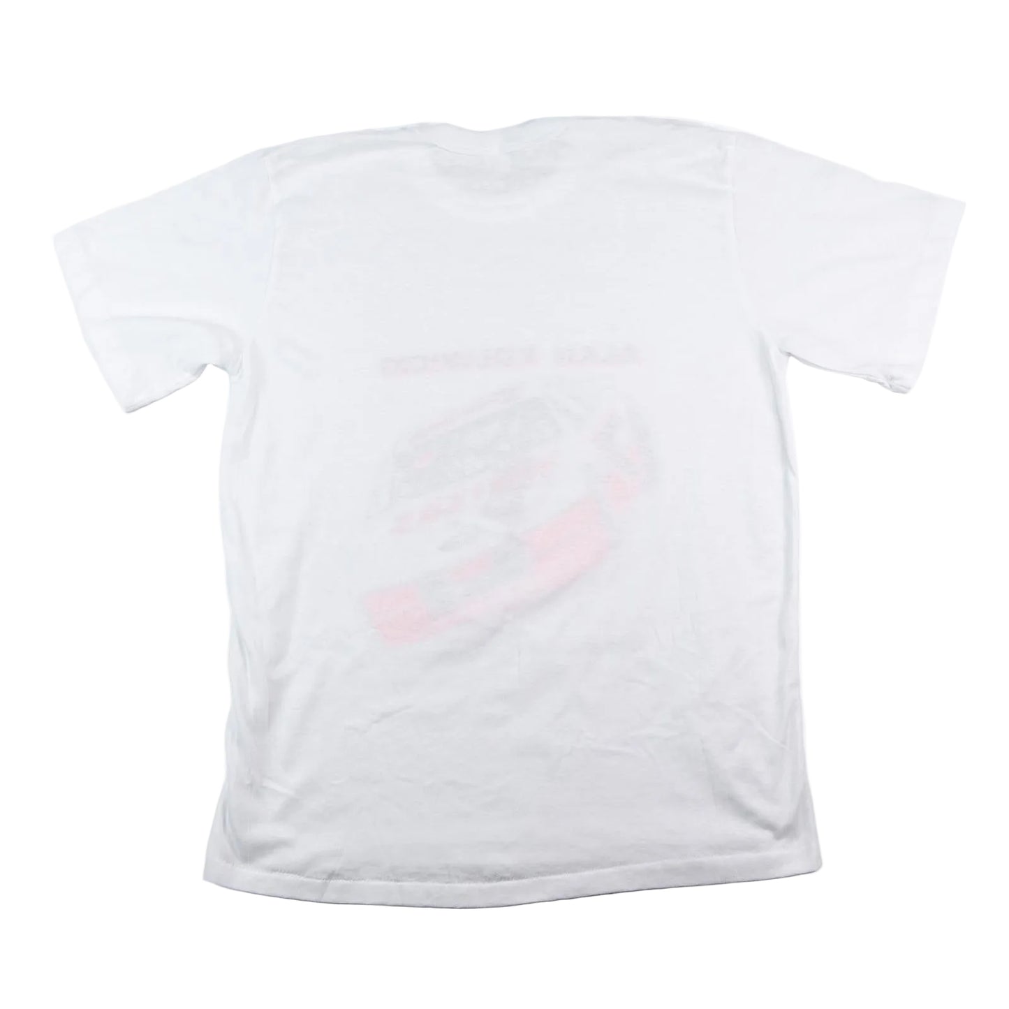 White t-shirt with a small pink logo on the back against a white background
