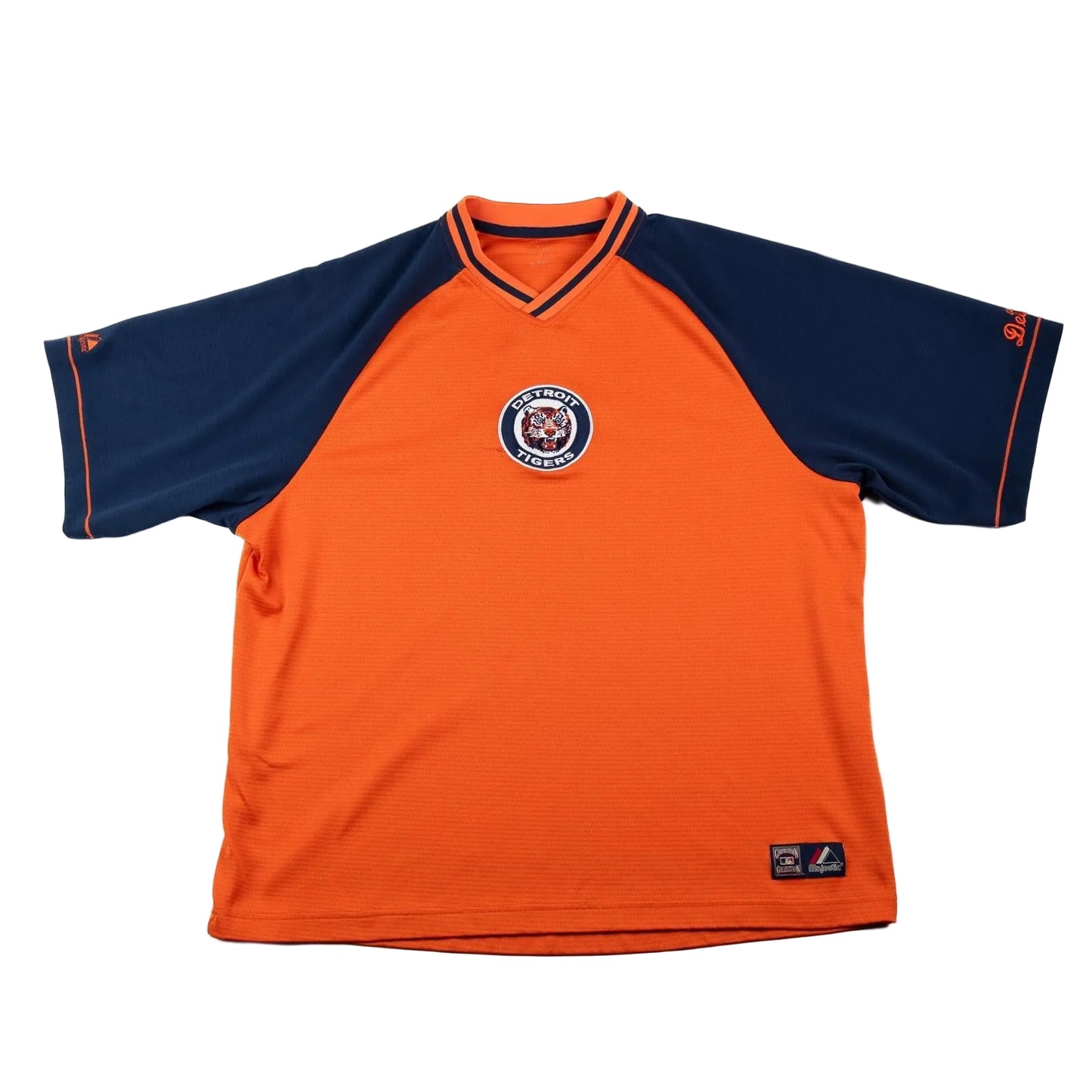 Orange and navy sports jersey with a logo on a white background