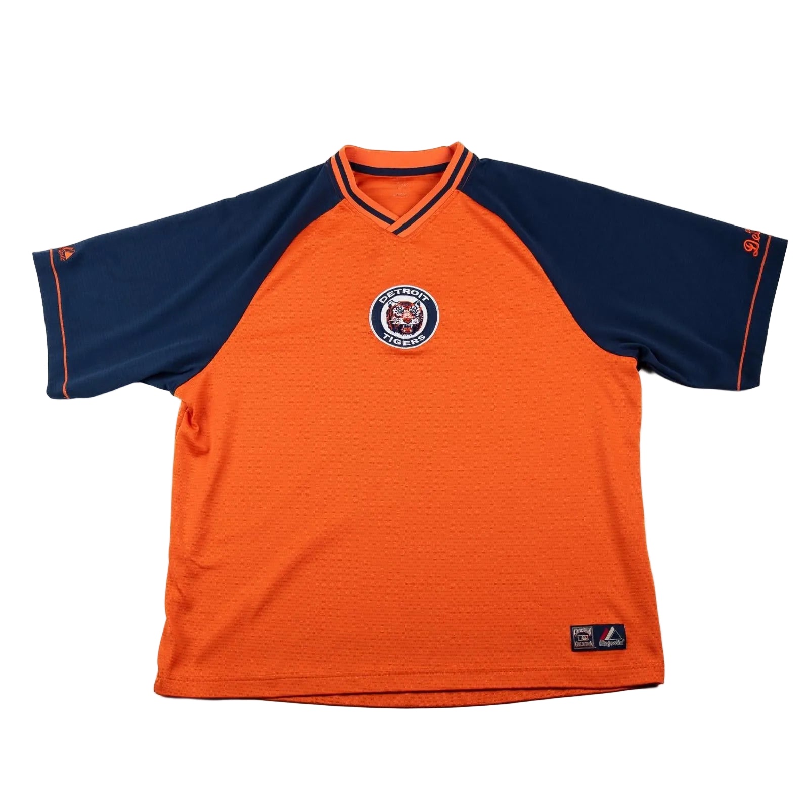 Orange and navy sports jersey with a logo on a white background