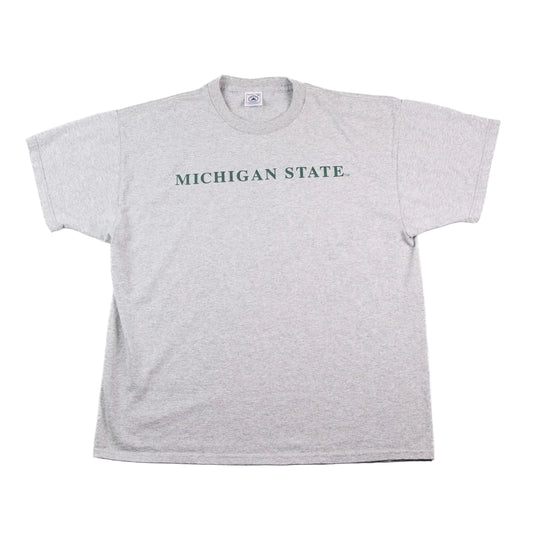 Gray t-shirt with 'Michigan State' text on a white background