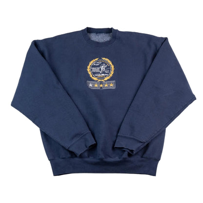 Navy blue sweatshirt with a logo on a white background