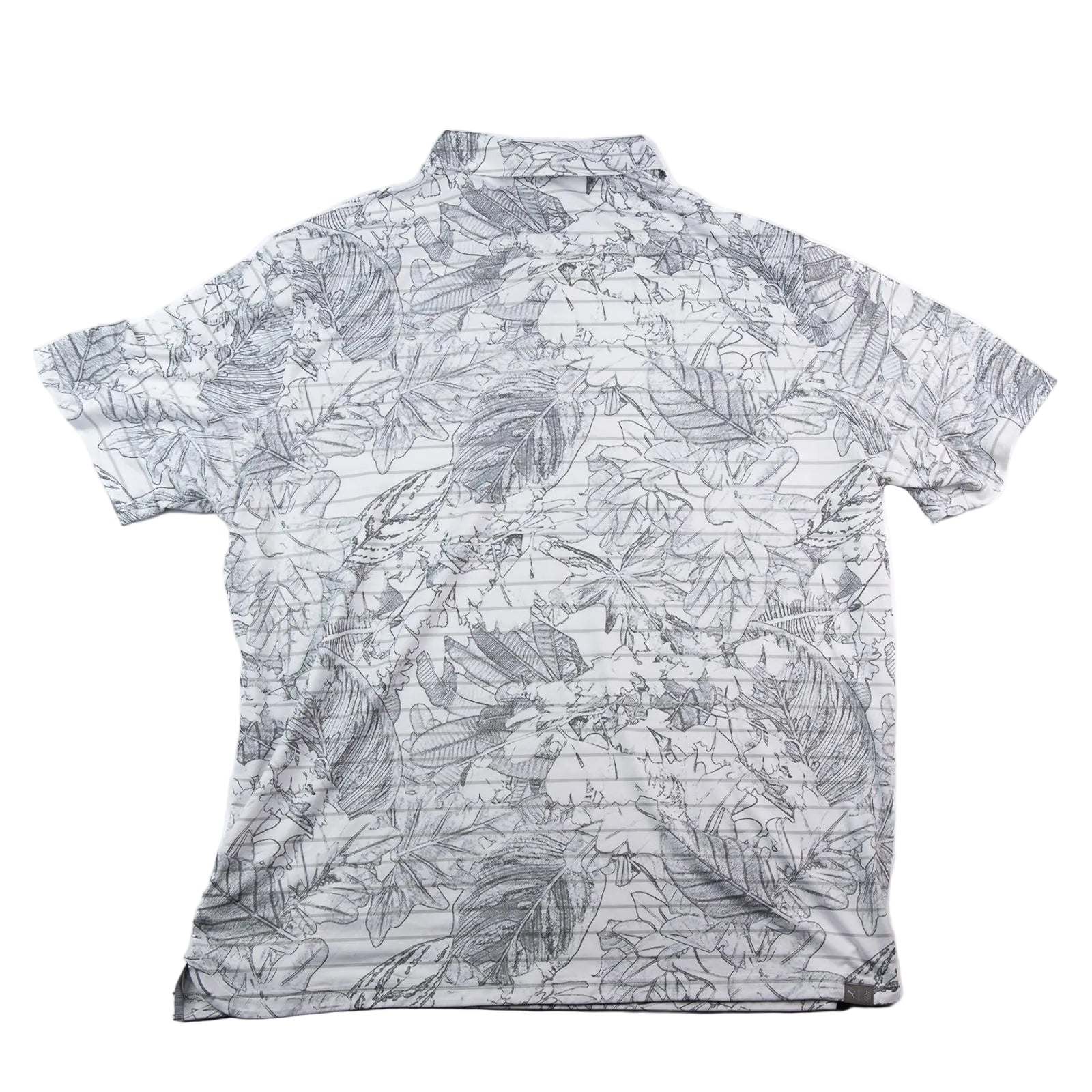 Short-sleeve shirt with a gray leaf pattern on a white background