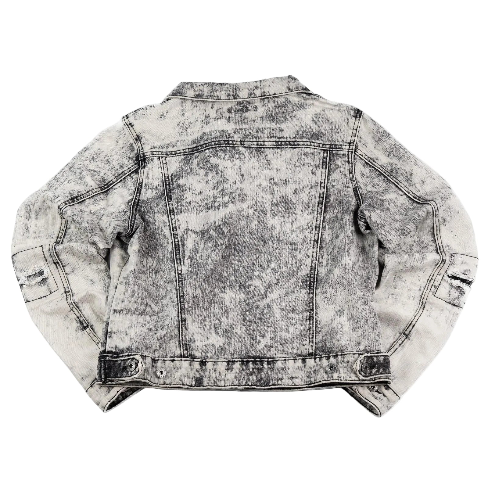 Gray acid-wash denim jacket on a white background