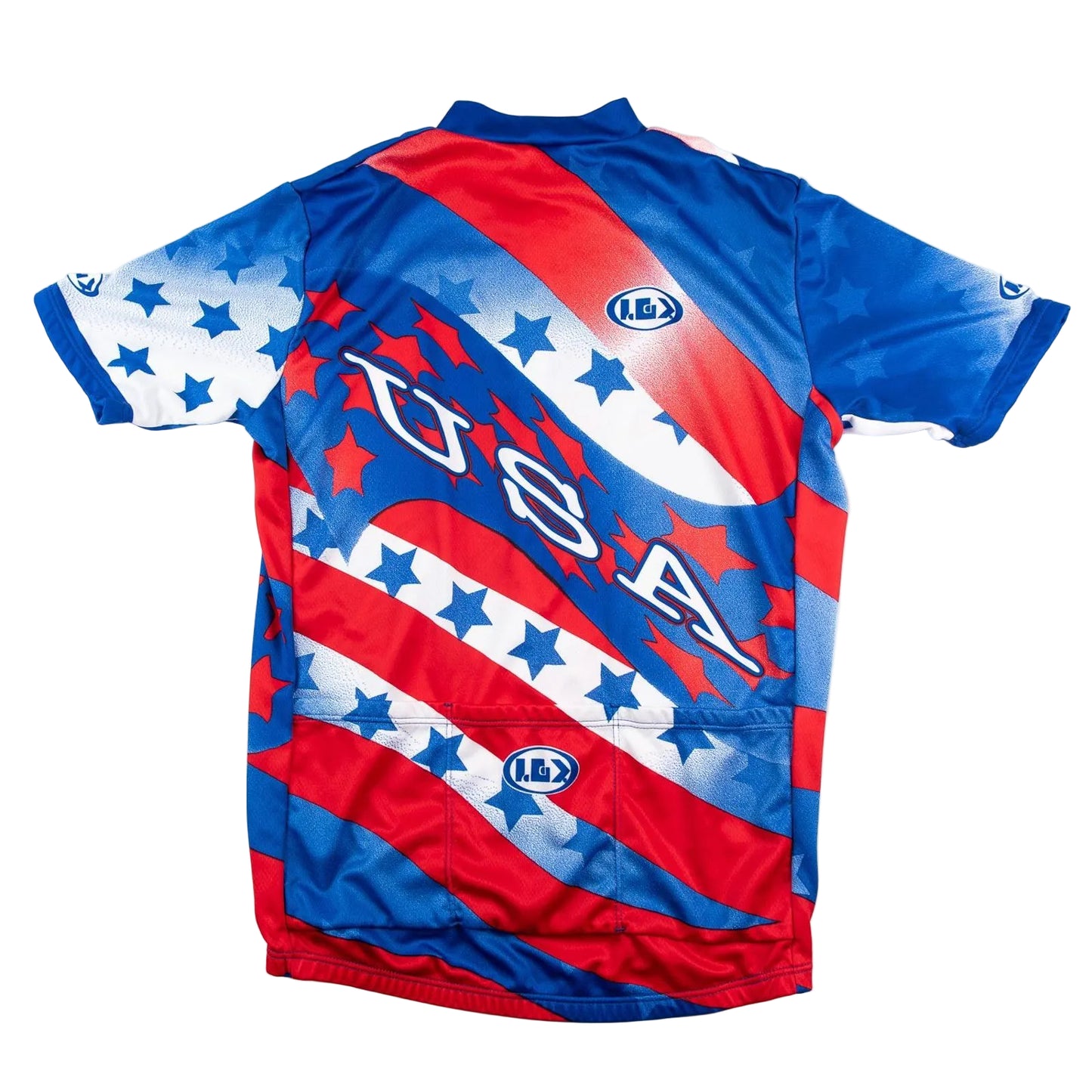 USA-themed cycling jersey with red, white, and blue colors on a white background