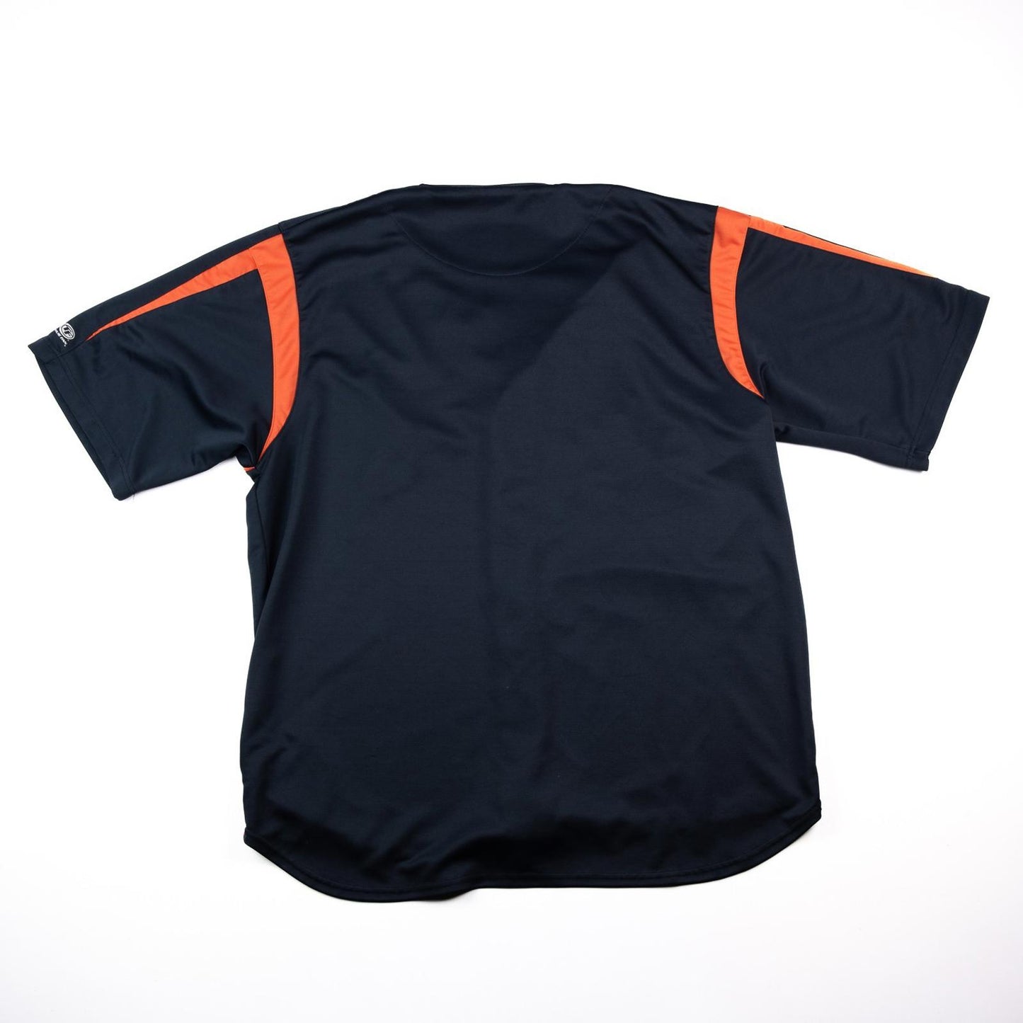 Black sports jersey with orange accents on a white background
