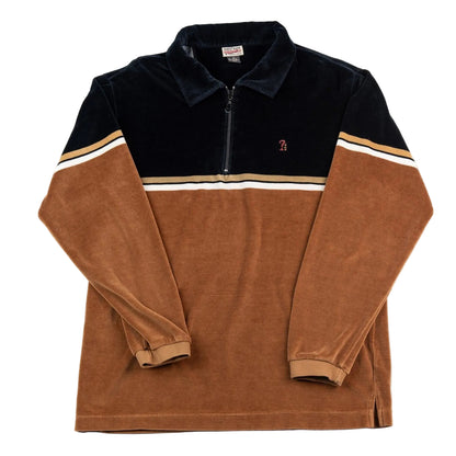 Brown and black pullover with a small logo on a white background