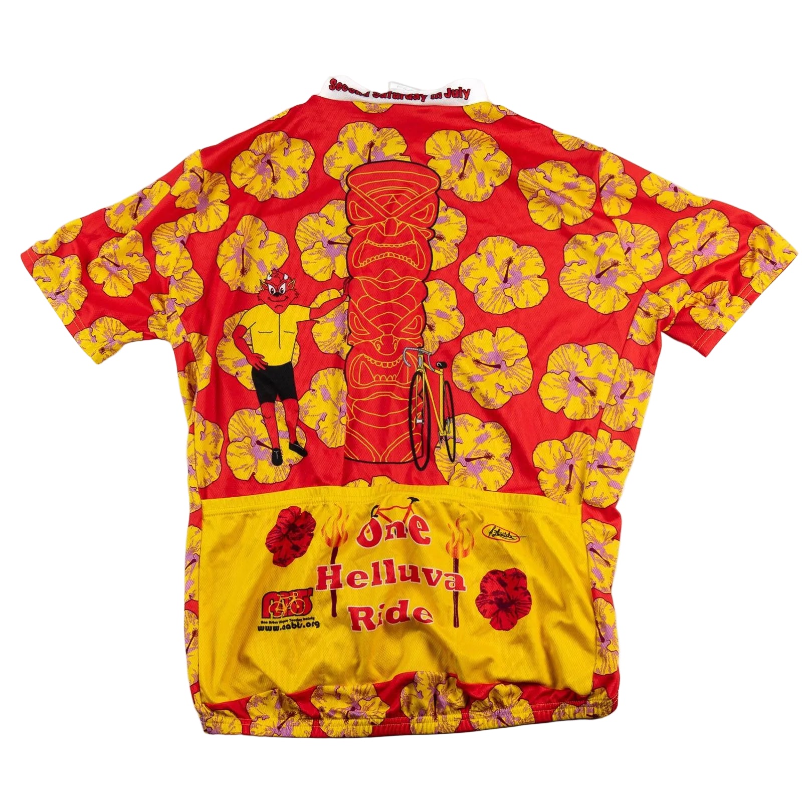 Colorful cycling jersey with tiki design and text on a white background