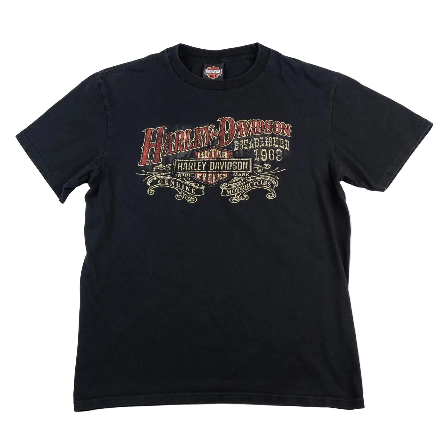 Black t-shirt with Harley Davidson logo and text on a white background