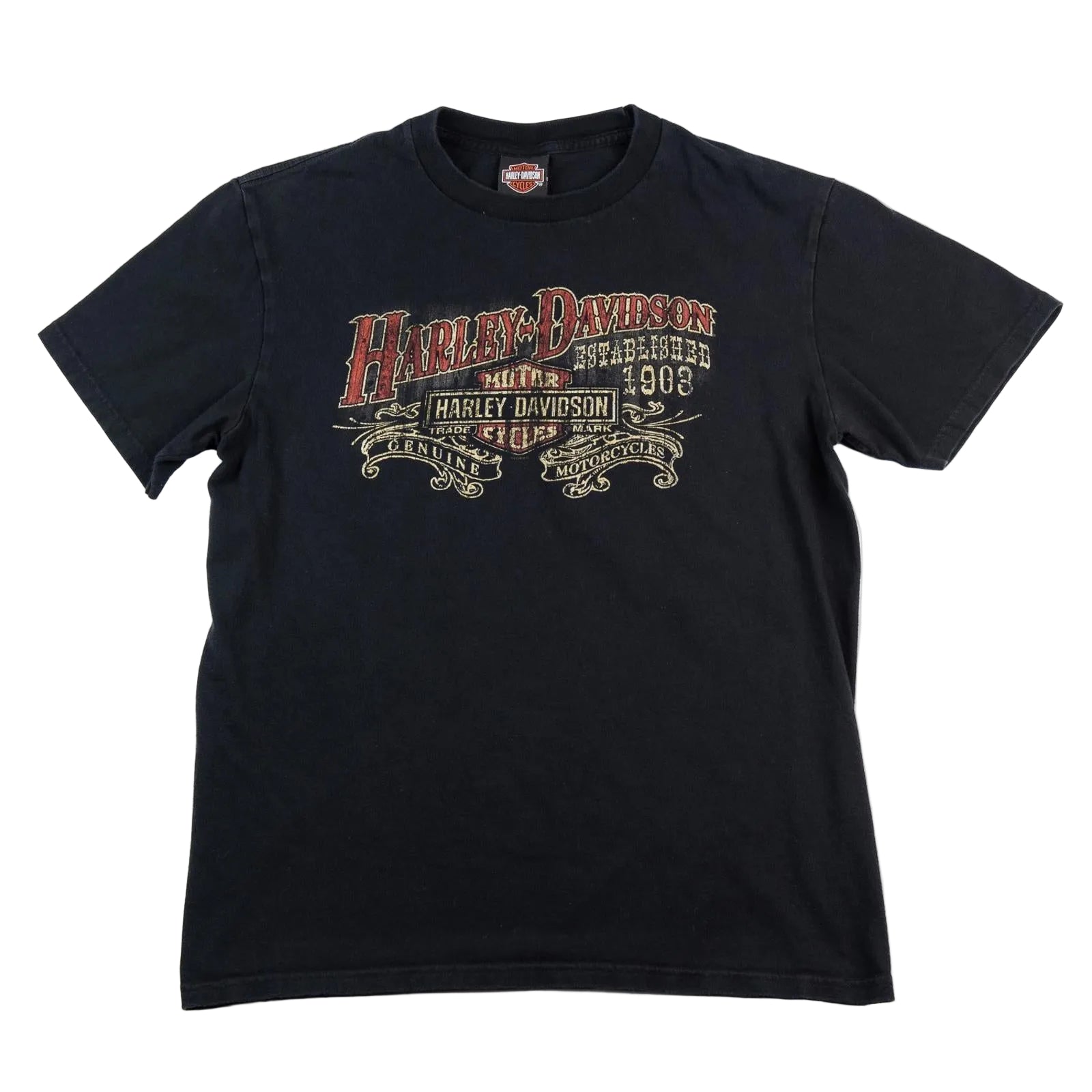 Black t-shirt with Harley Davidson logo and text on a white background