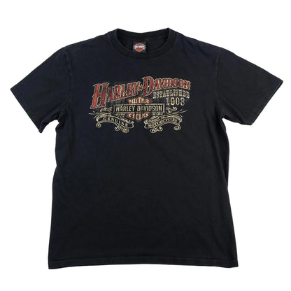 Black t-shirt with Harley Davidson logo and text on a white background