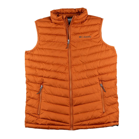 Orange puffer vest with Columbia logo on a white background