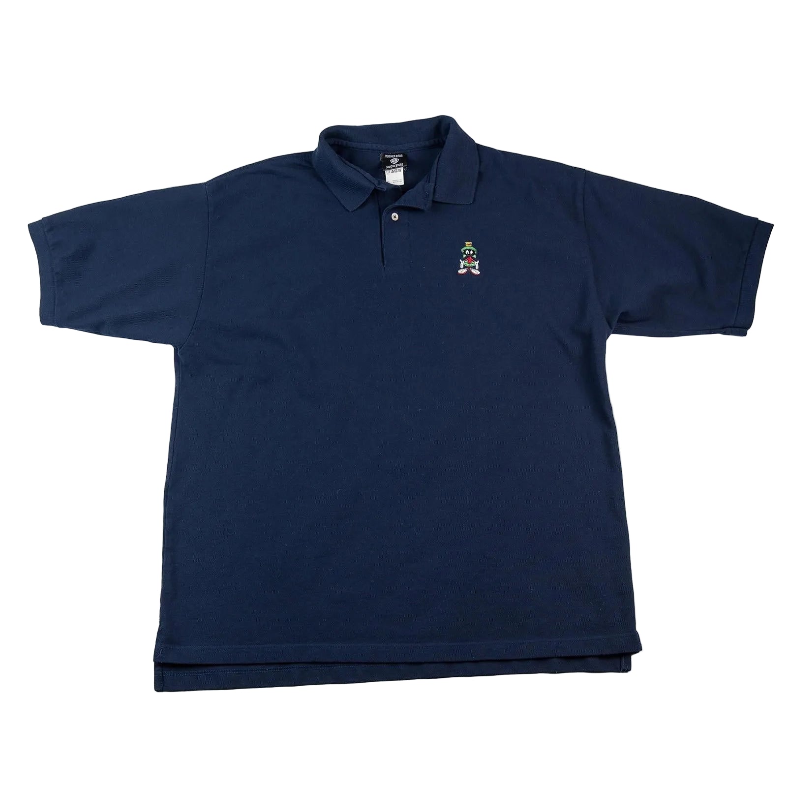 Navy blue polo shirt with a small logo on a white background