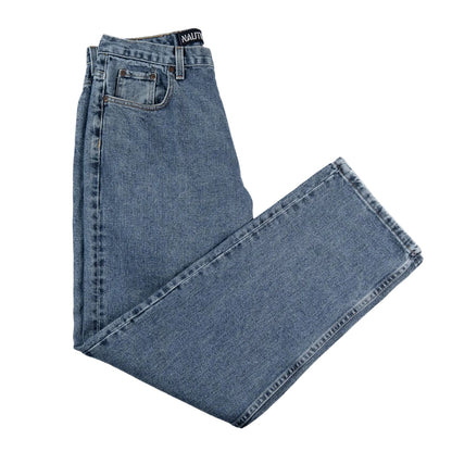 Folded blue jeans with 'Nautica' branding on a white background