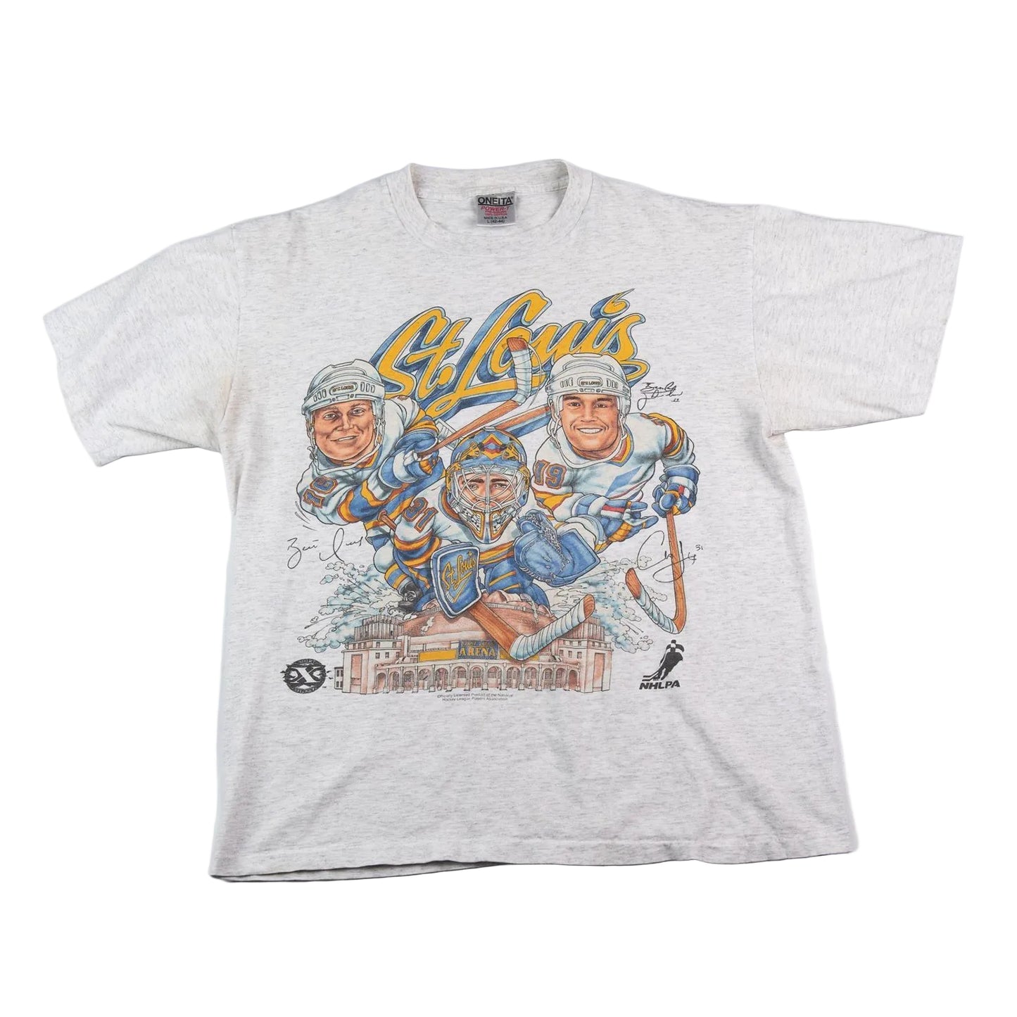 Gray t-shirt with hockey-themed graphic and 'St. Louis' text on a white background