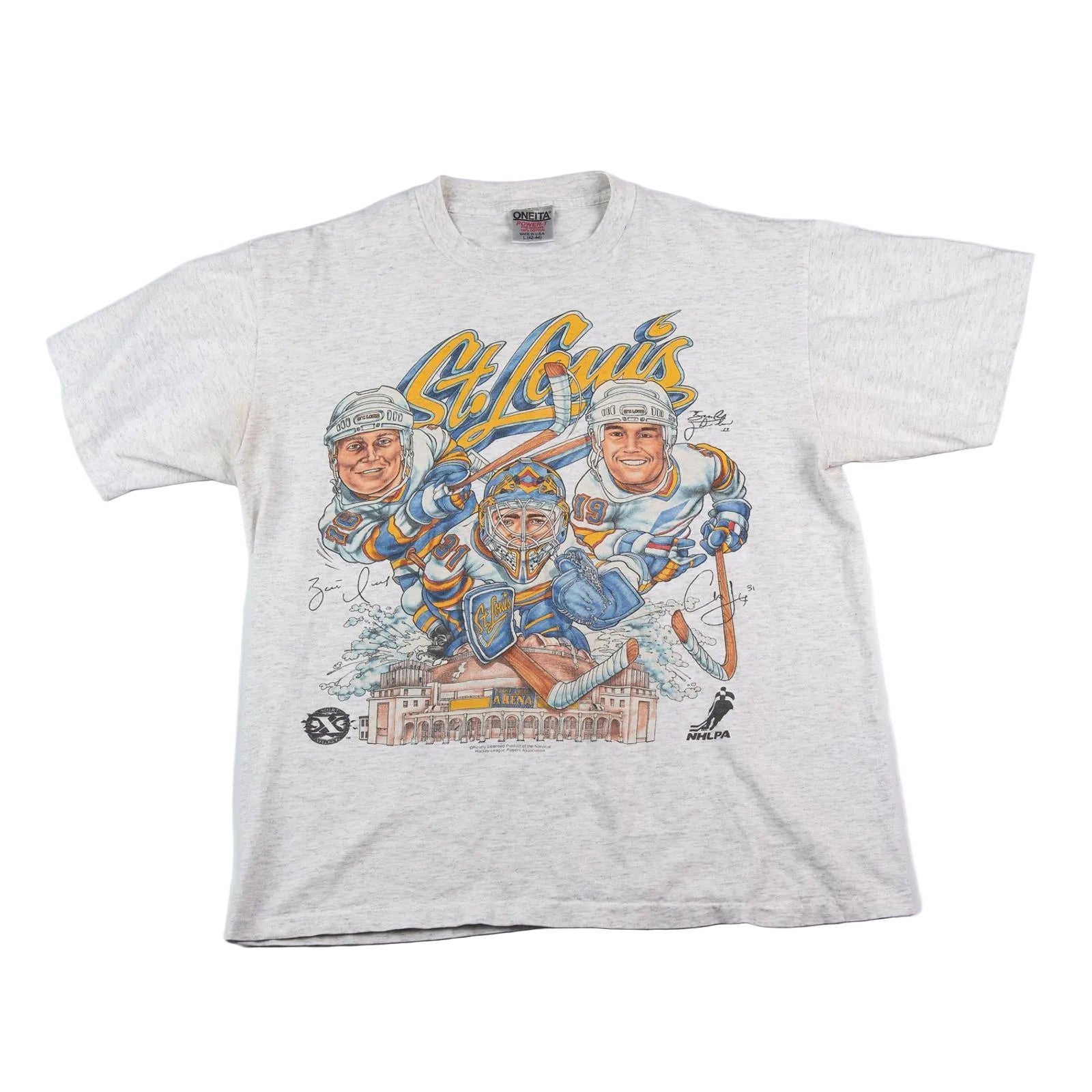 Gray t-shirt with hockey-themed graphic and 'St. Louis' text on a white background