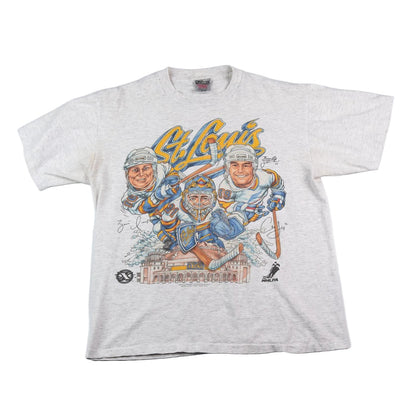 Gray t-shirt with hockey-themed graphic and 'St. Louis' text on a white background