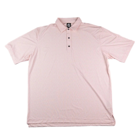 Pink polo shirt with a brand logo on a white background