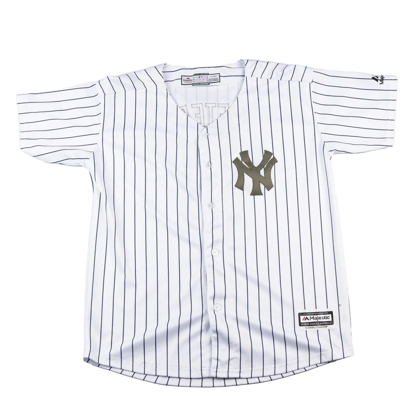 Baseball jersey with pinstripes and logo on a white background
