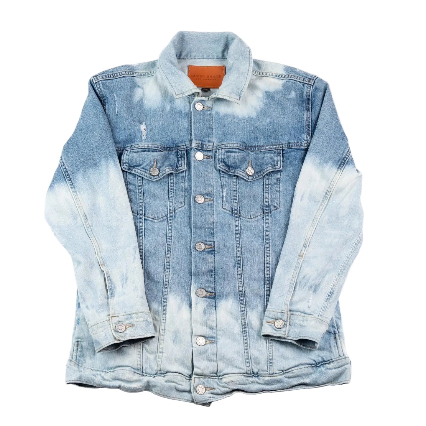 Blue denim jacket with a white distressed pattern on a white background