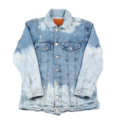 Blue denim jacket with a white distressed pattern on a white background