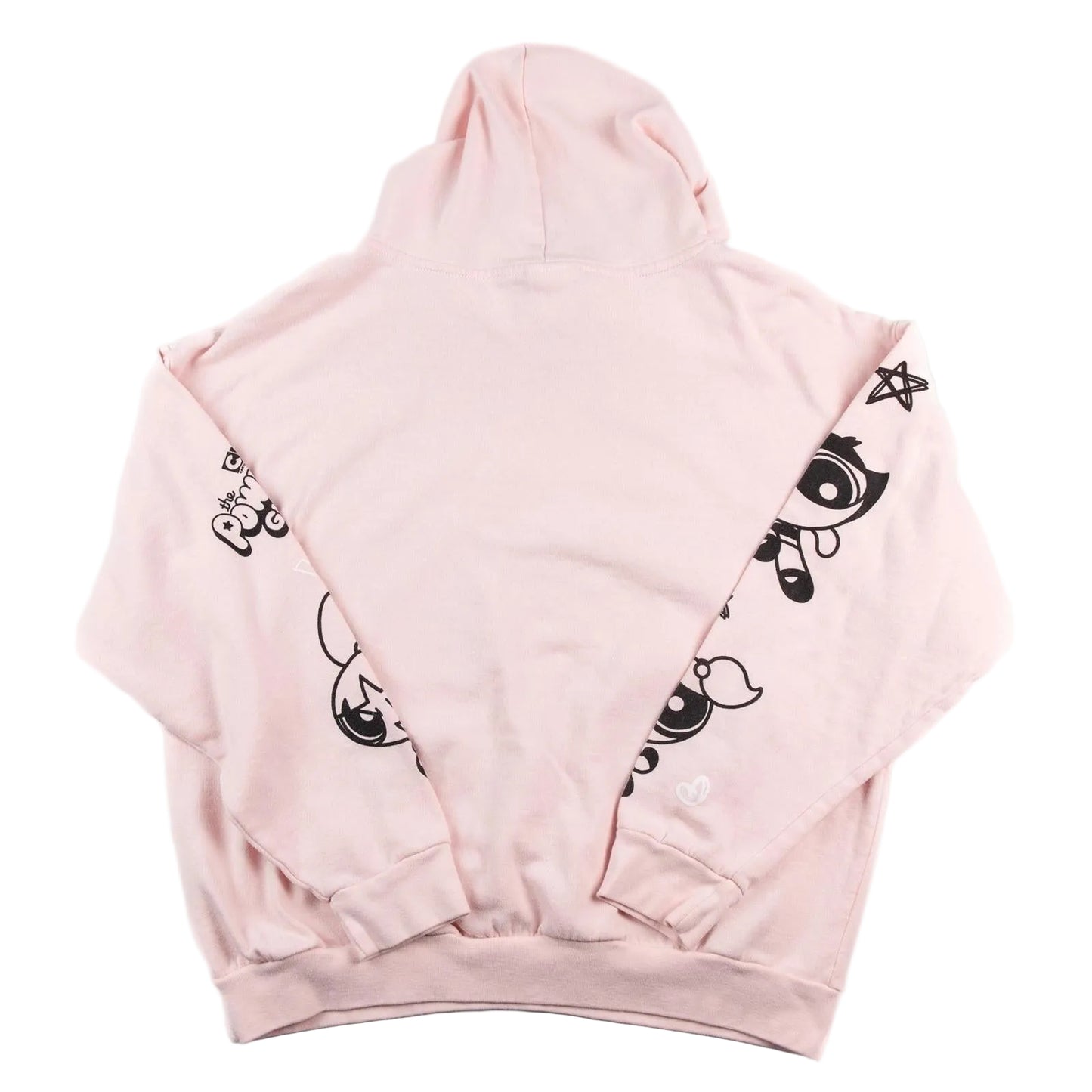 Pink hoodie with black graphics on a white background