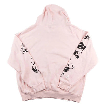 Pink hoodie with black graphics on a white background