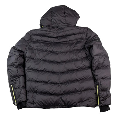 Black puffer jacket on a white background