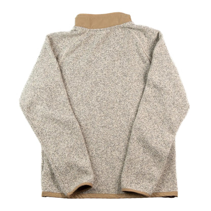 Back view of a textured jacket with a beige collar on a white background
