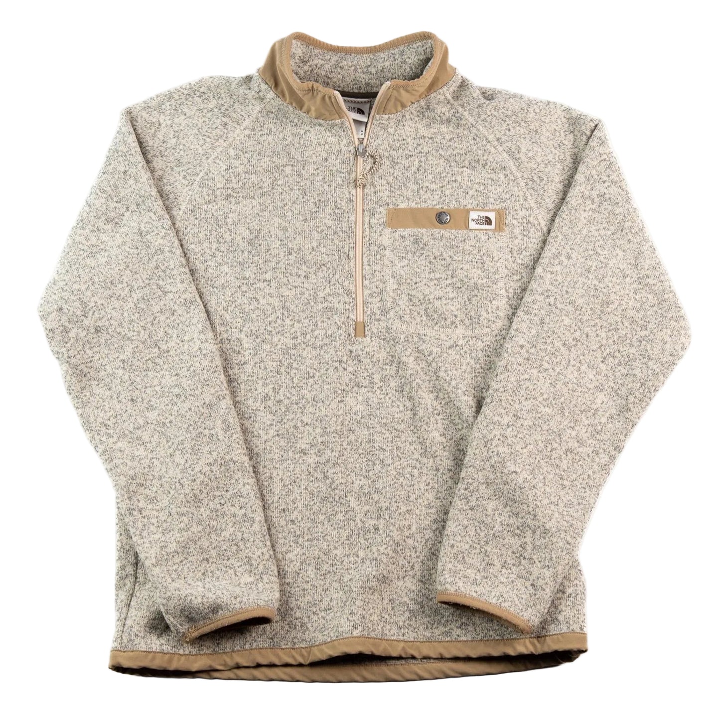 Beige fleece pullover with brown trim on a white background