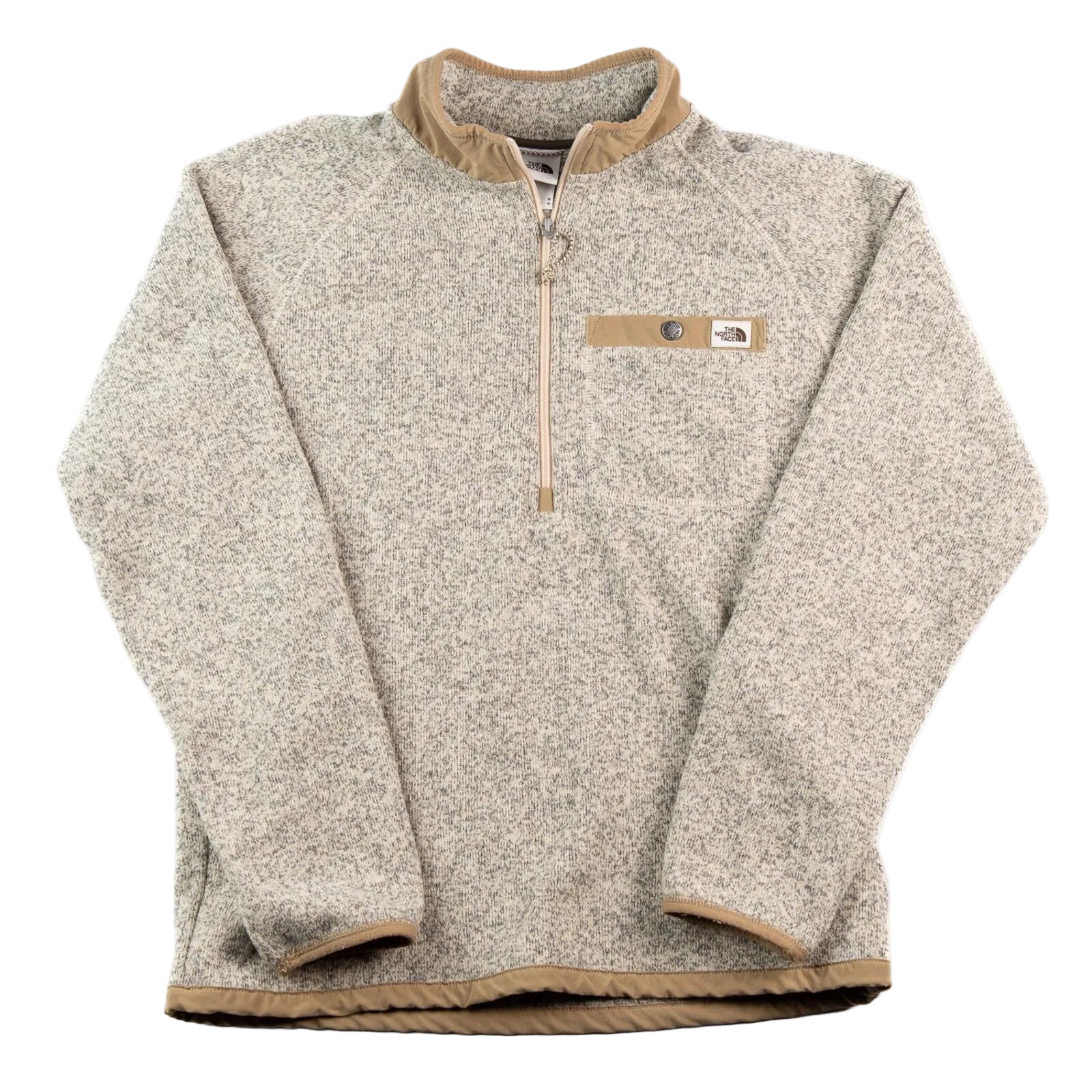 Beige fleece pullover with brown trim on a white background