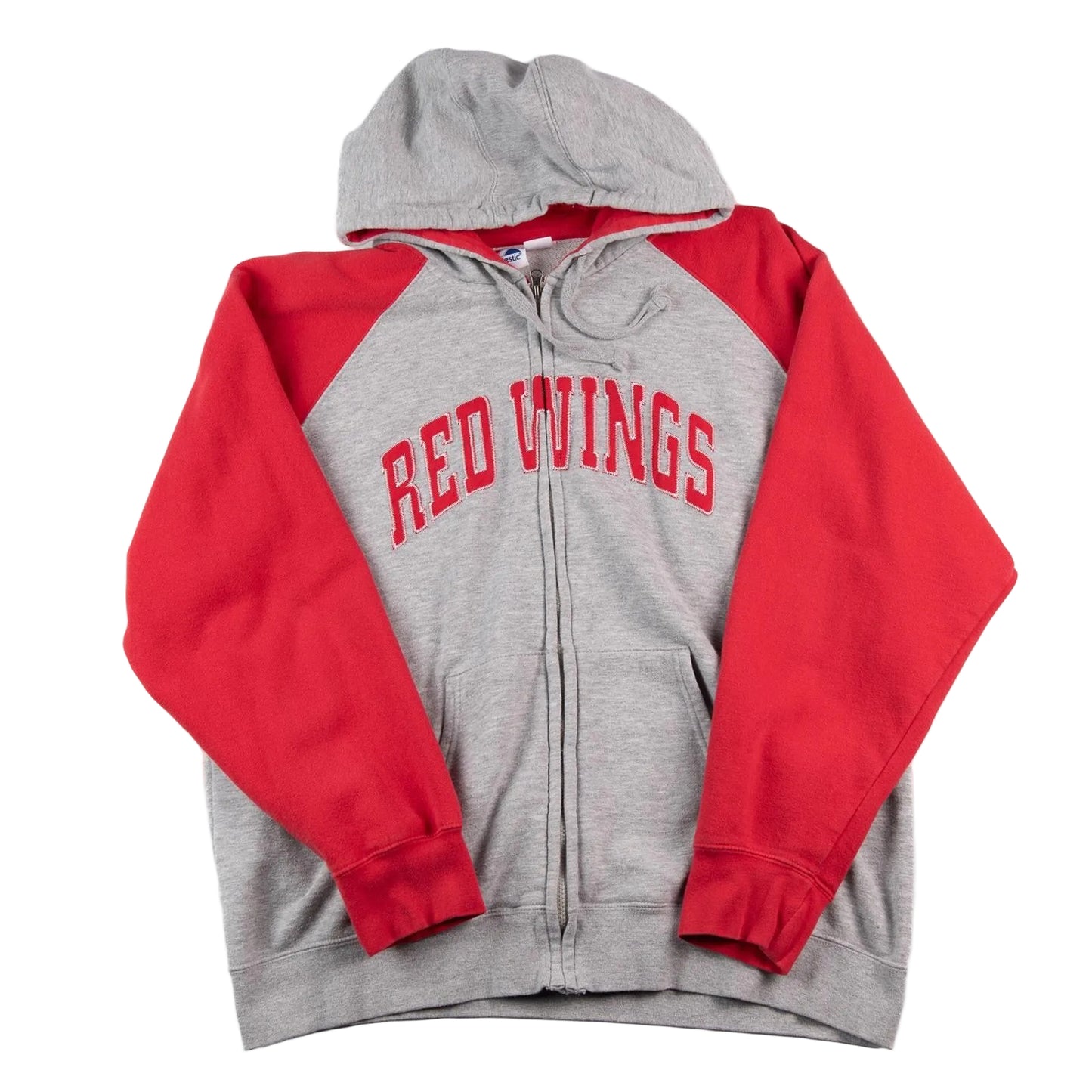 Gray and red hoodie with 'Red Wings' text on a white background