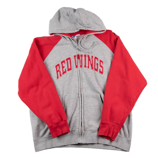 Gray and red hoodie with 'Red Wings' text on a white background