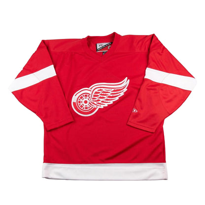 Red hockey jersey with a logo on a white background
