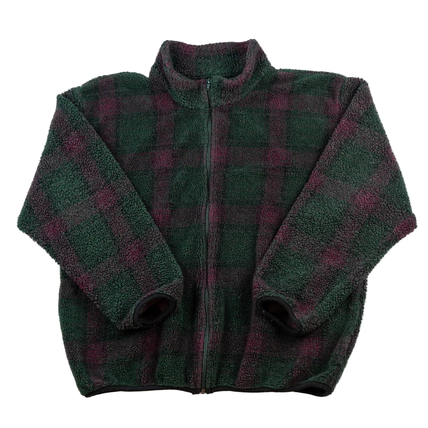 Green and purple plaid fleece jacket on a white background