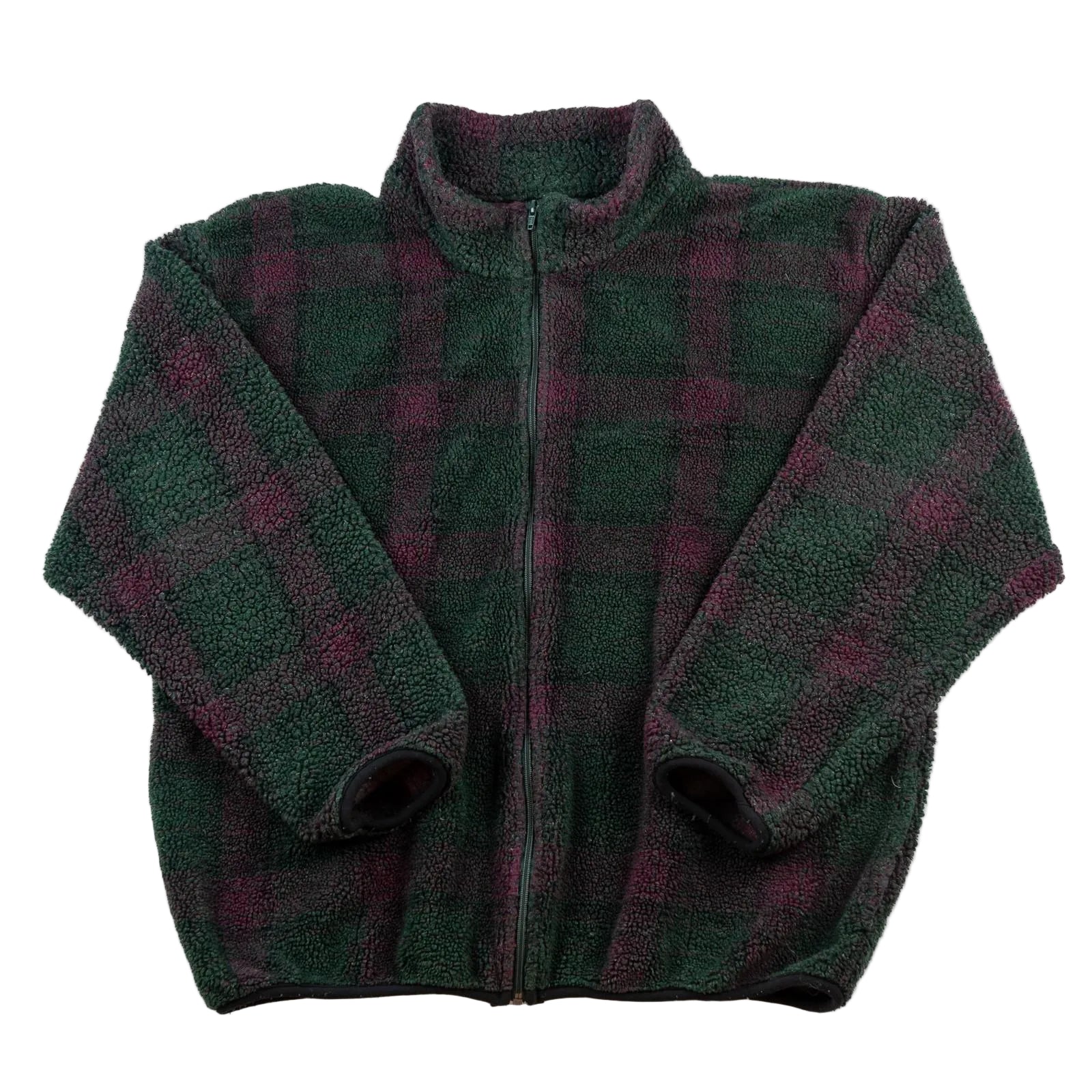 Green and purple plaid fleece jacket on a white background