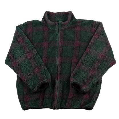 Green and purple plaid fleece jacket on a white background